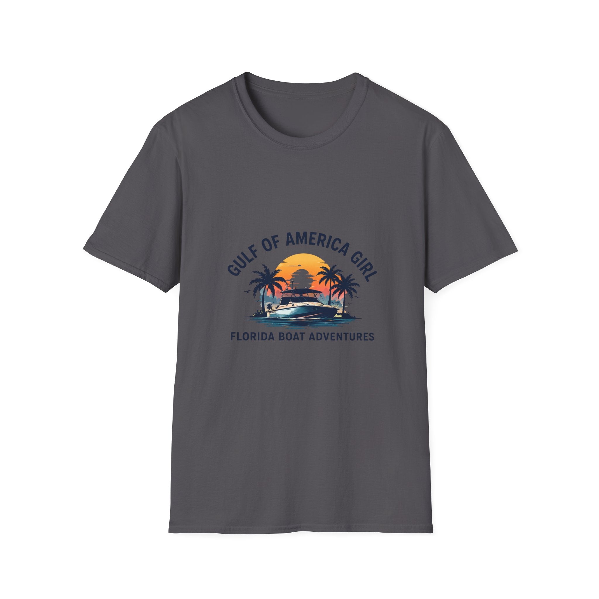 Gulf of America Girl Sunset Tee | Florida Boat Adventures Boating Shirt for Women | Gildan 6400 T-Shirt