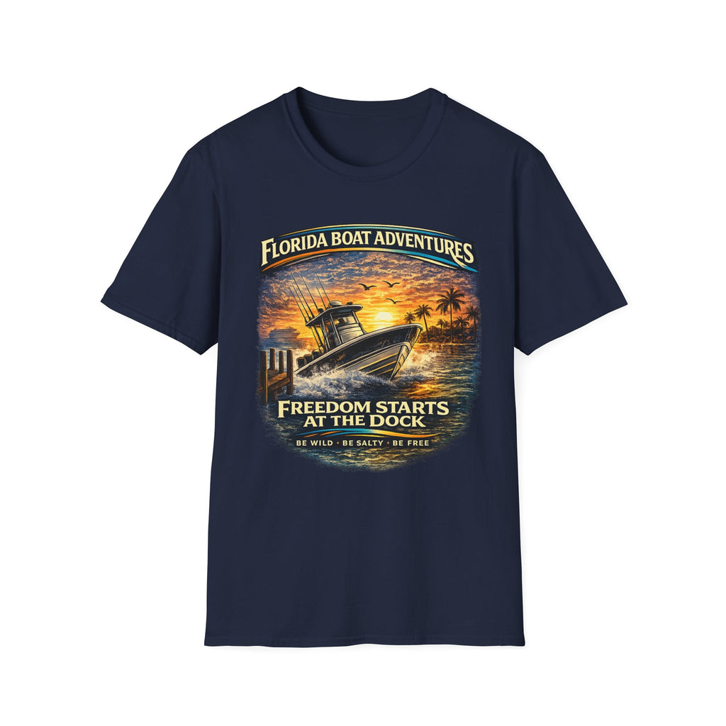 Freedom Starts at the Dock Tee | Florida Boating Lifestyle & Offshore Fishing Shirt for Men | Gildan 6400 T-Shirt