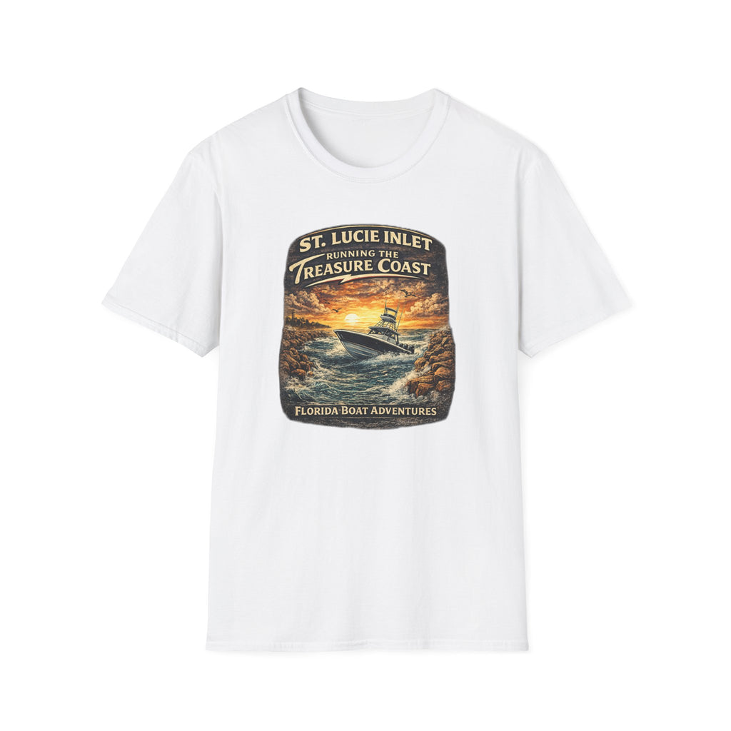 St. Lucie Inlet Adventure Begins Tee | Stuart Florida Boating & Offshore Fishing Shirt for Men | Gildan 6400 T-Shirt