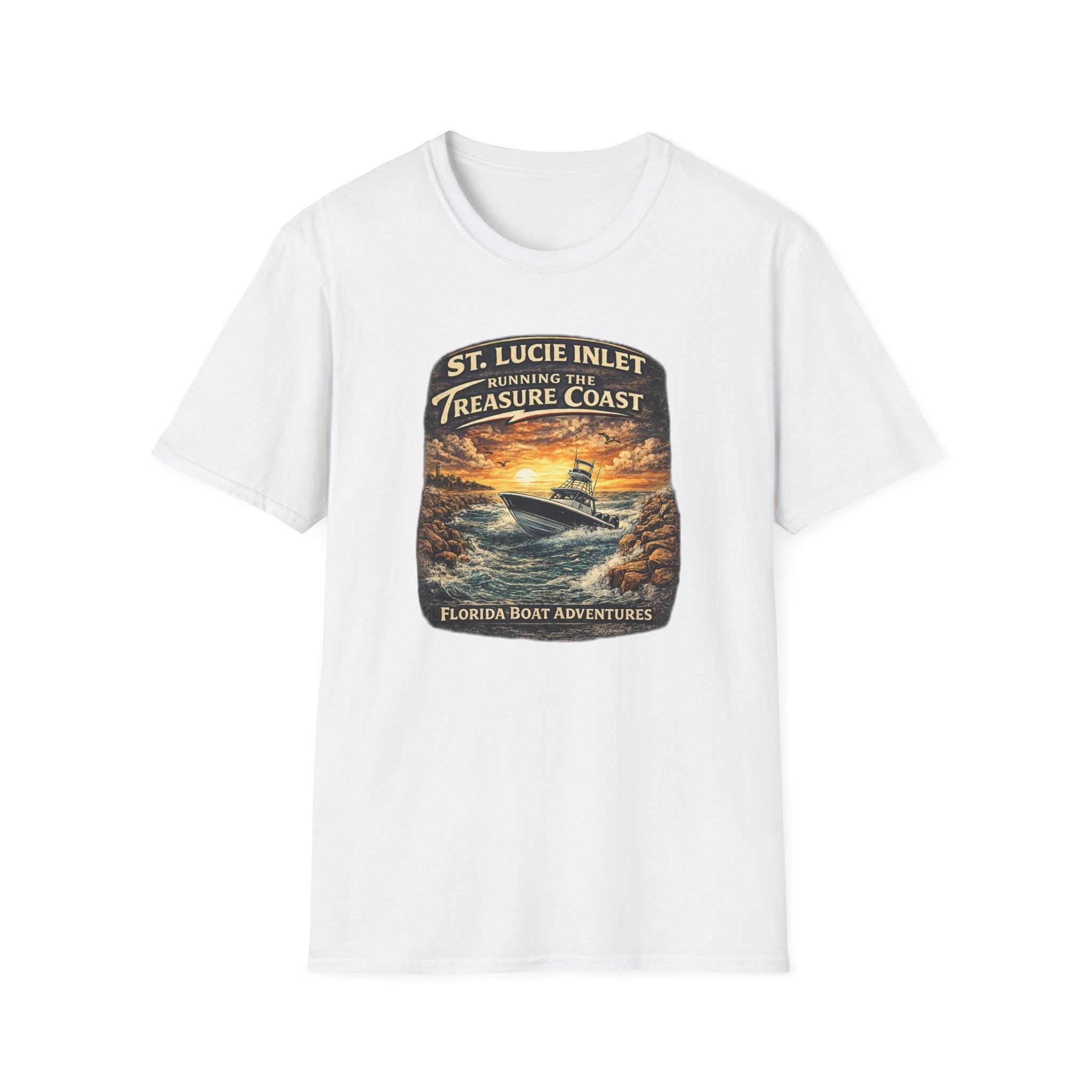 St. Lucie Inlet Adventure Begins Tee | Stuart Florida Boating & Offshore Fishing Shirt for Men | Gildan 6400 T-Shirt