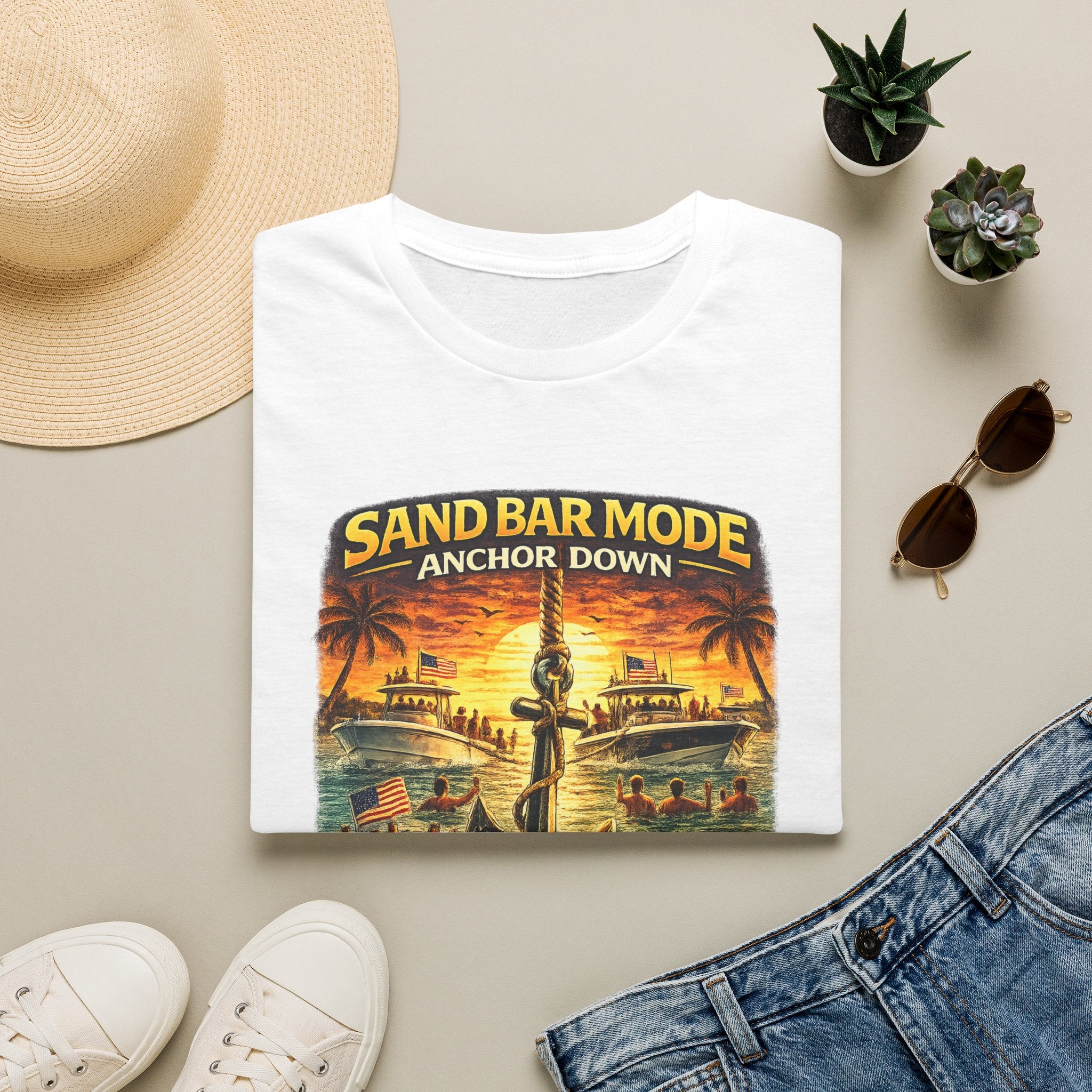 Anchor Down Sandbar Mode Tee | Funny Florida Boating & Sandbar Life Shirt for Men | Gildan 6400 T-Shirt