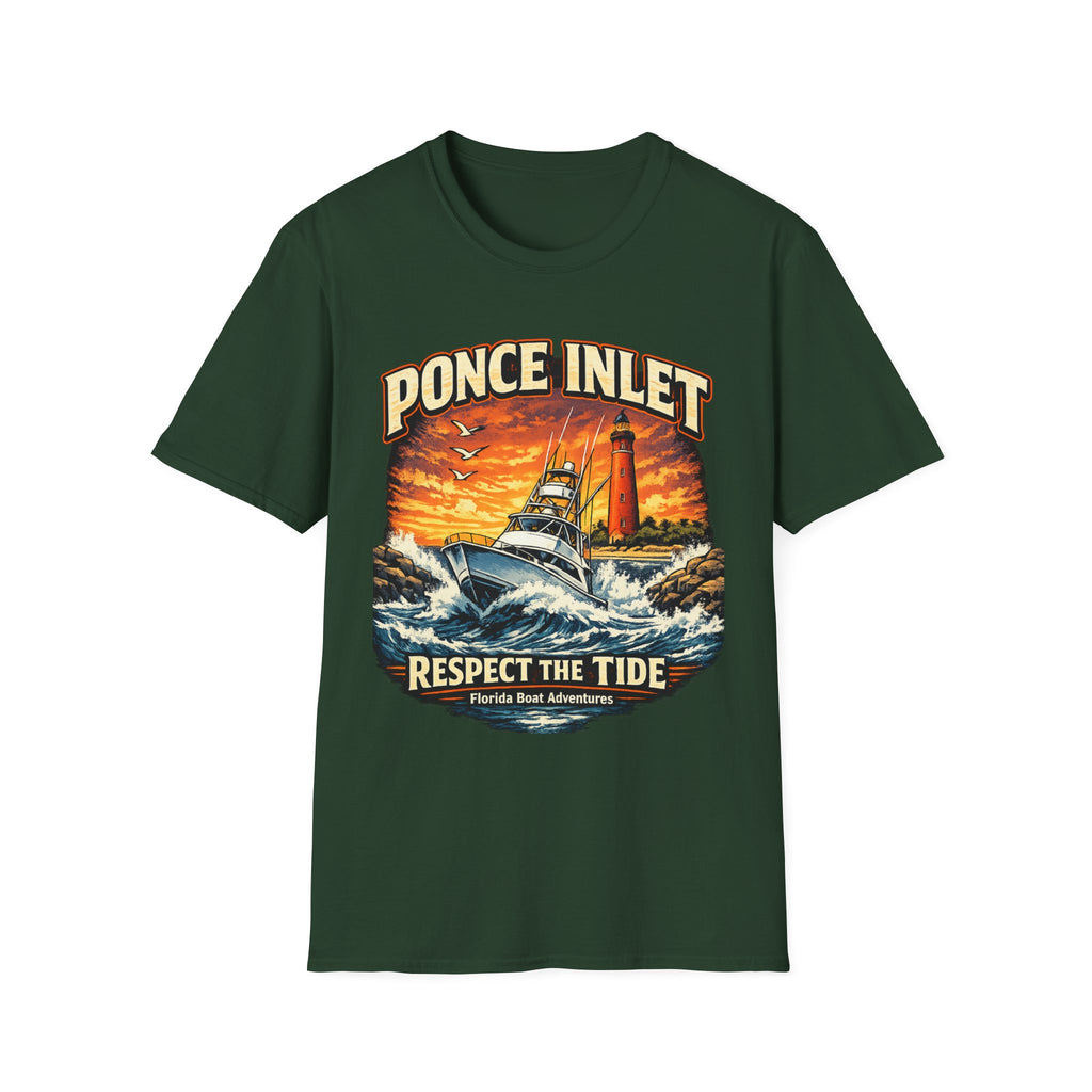 Ponce Inlet Respect the Tide Tee | Daytona Beach & New Smyrna Boating Shirt for Men | Gildan 6400 Florida T-Shirt