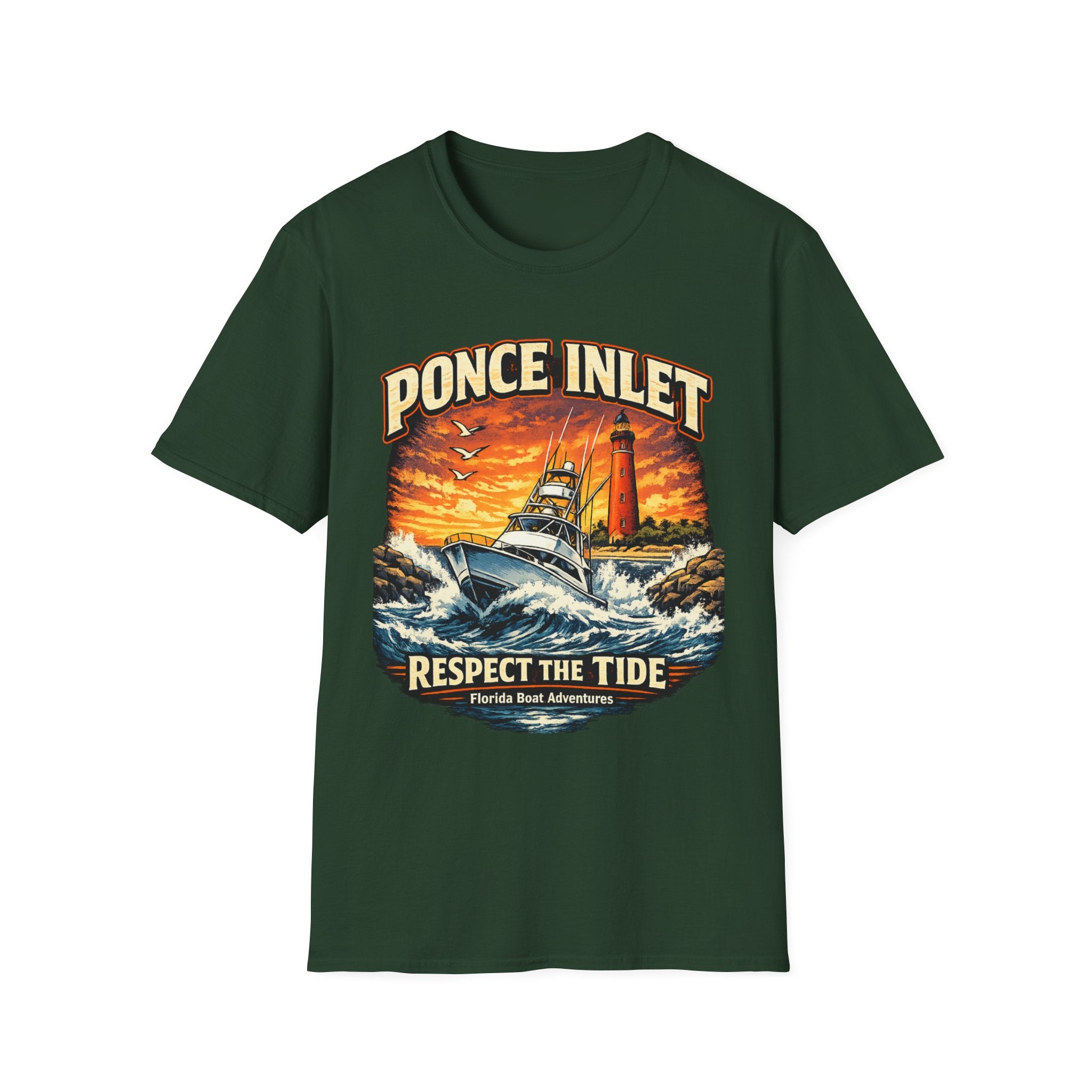 Ponce Inlet Respect the Tide Tee | Daytona Beach & New Smyrna Boating Shirt for Men | Gildan 6400 Florida T-Shirt