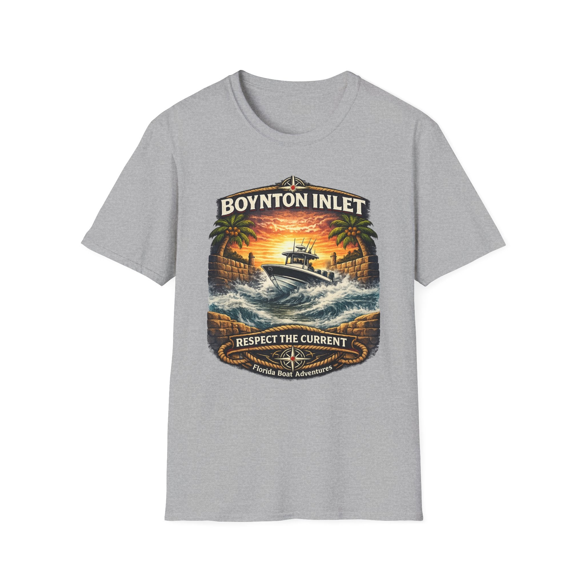 Boynton Inlet Respect the Current Tee | Boynton Beach Florida Boating & Offshore Fishing Shirt for Men | Gildan 6400 T-Shirt