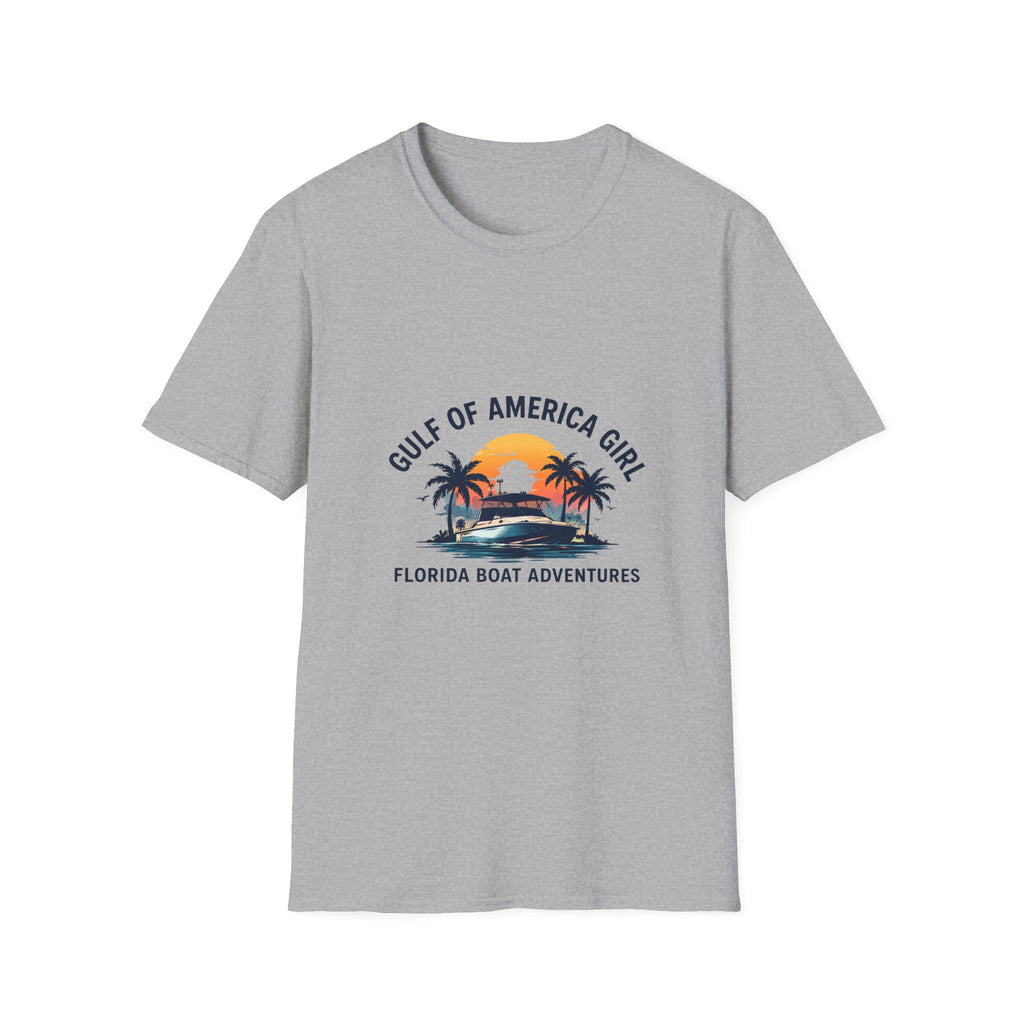 Gulf of America Girl Sunset Tee | Florida Boat Adventures Boating Shirt for Women | Gildan 6400 T-Shirt