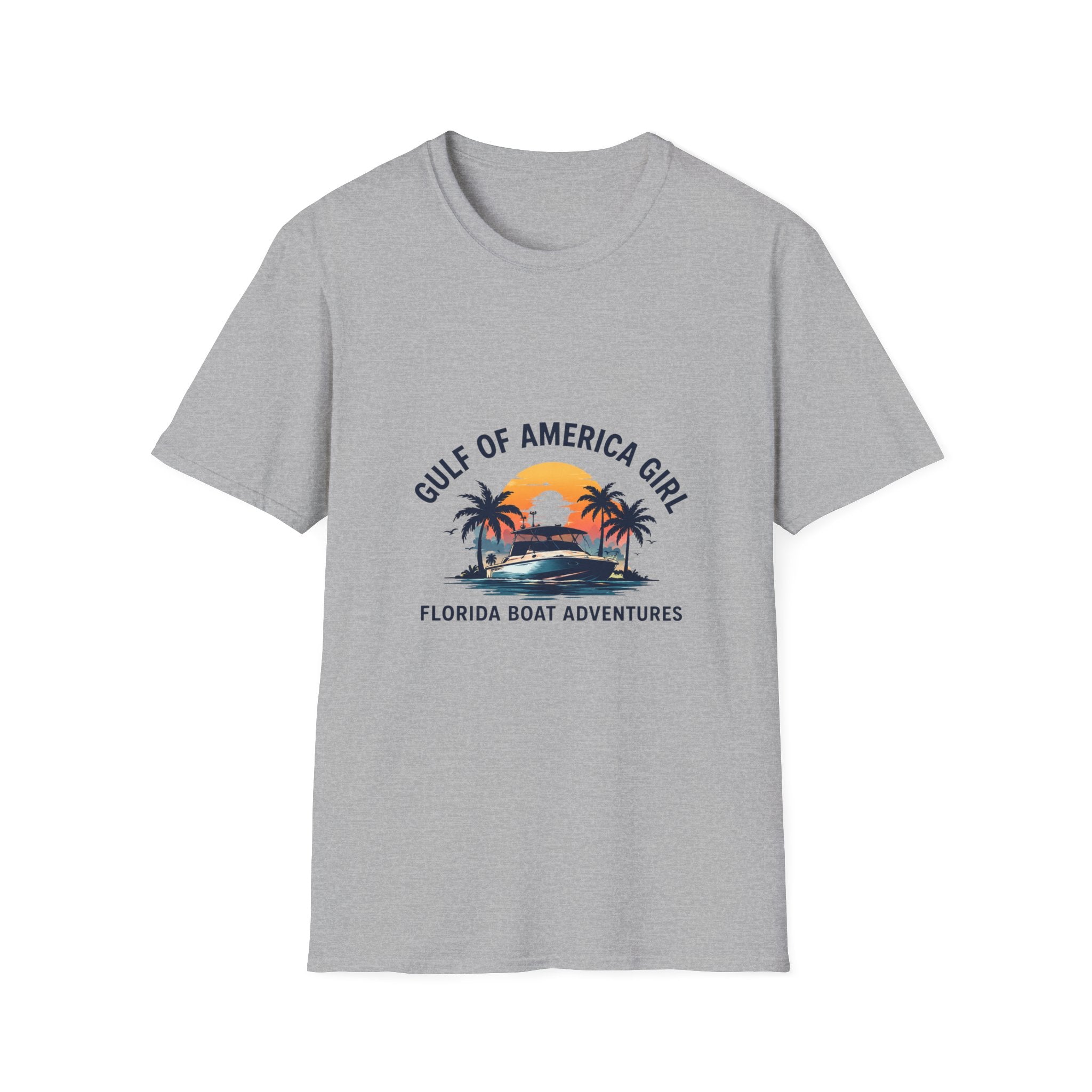 Gulf of America Girl Sunset Tee | Florida Boat Adventures Boating Shirt for Women | Gildan 6400 T-Shirt