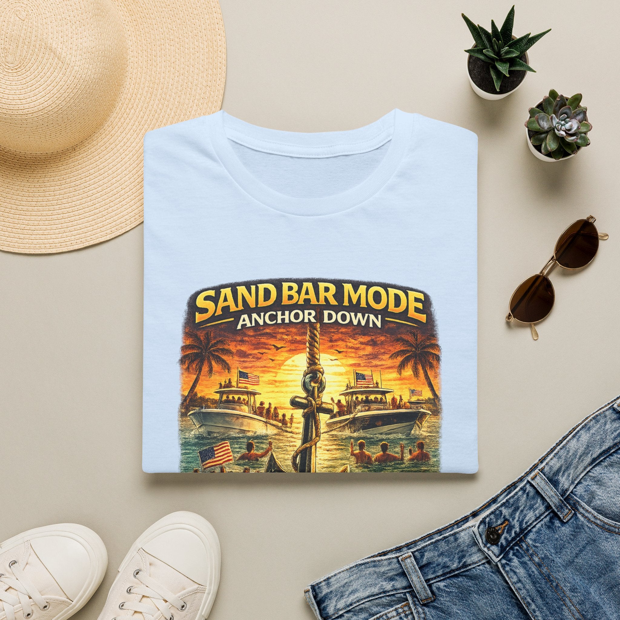 Anchor Down Sandbar Mode Tee | Funny Florida Boating & Sandbar Life Shirt for Men | Gildan 6400 T-Shirt