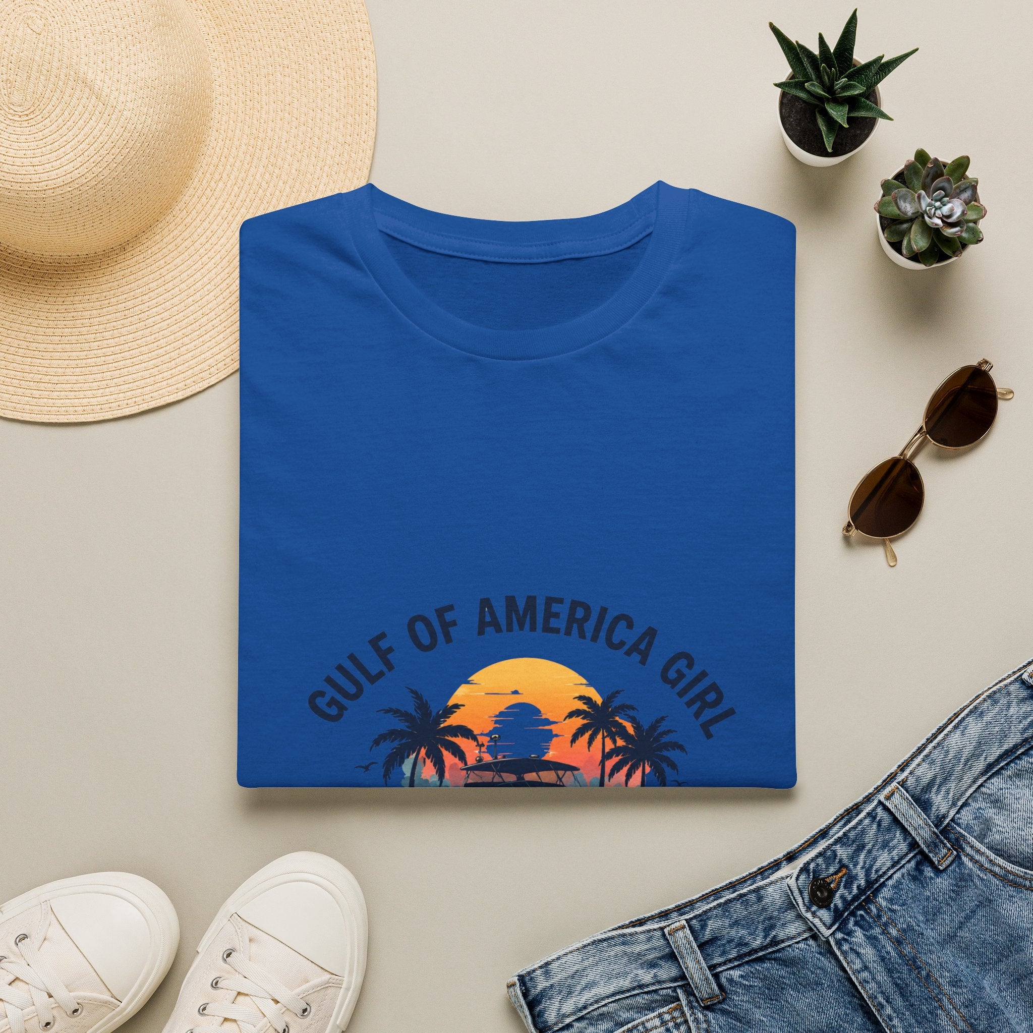 Gulf of America Girl Sunset Tee | Florida Boat Adventures Boating Shirt for Women | Gildan 6400 T-Shirt
