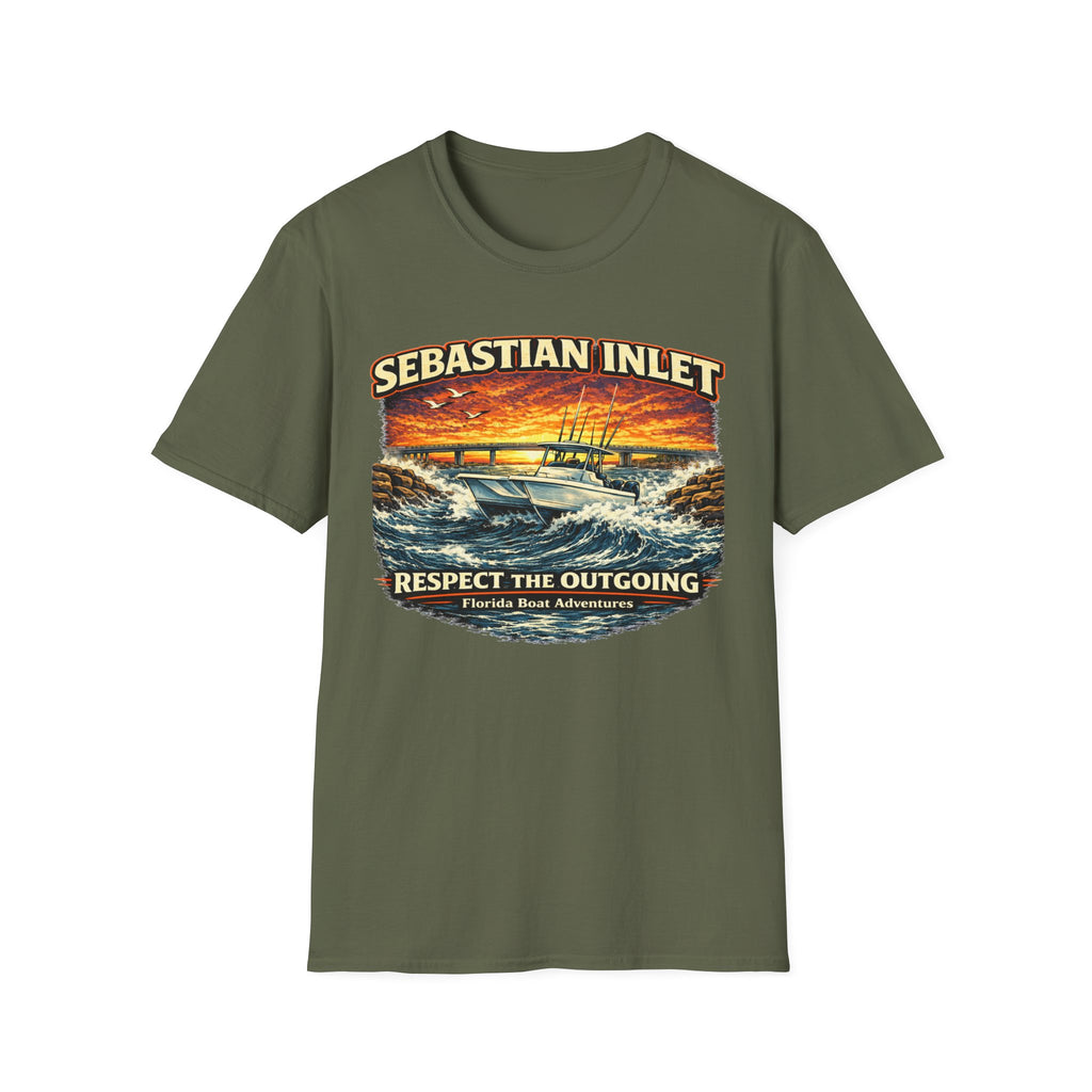 Sebastian Inlet Respect the Outgoing Tee | Florida Fishing & Boating Shirt for Men | Gildan 6400 Space Coast T-Shirt