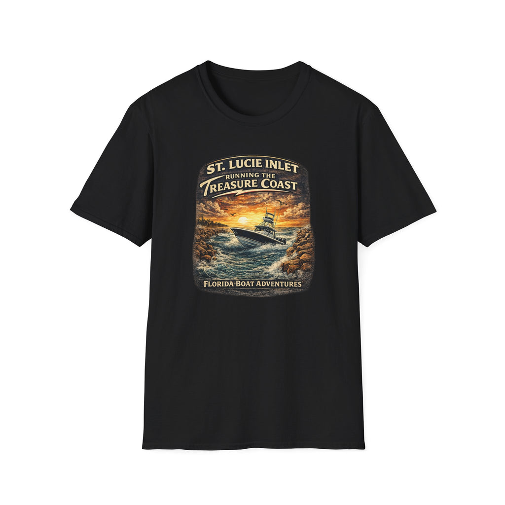 St. Lucie Inlet Adventure Begins Tee | Stuart Florida Boating & Offshore Fishing Shirt for Men | Gildan 6400 T-Shirt