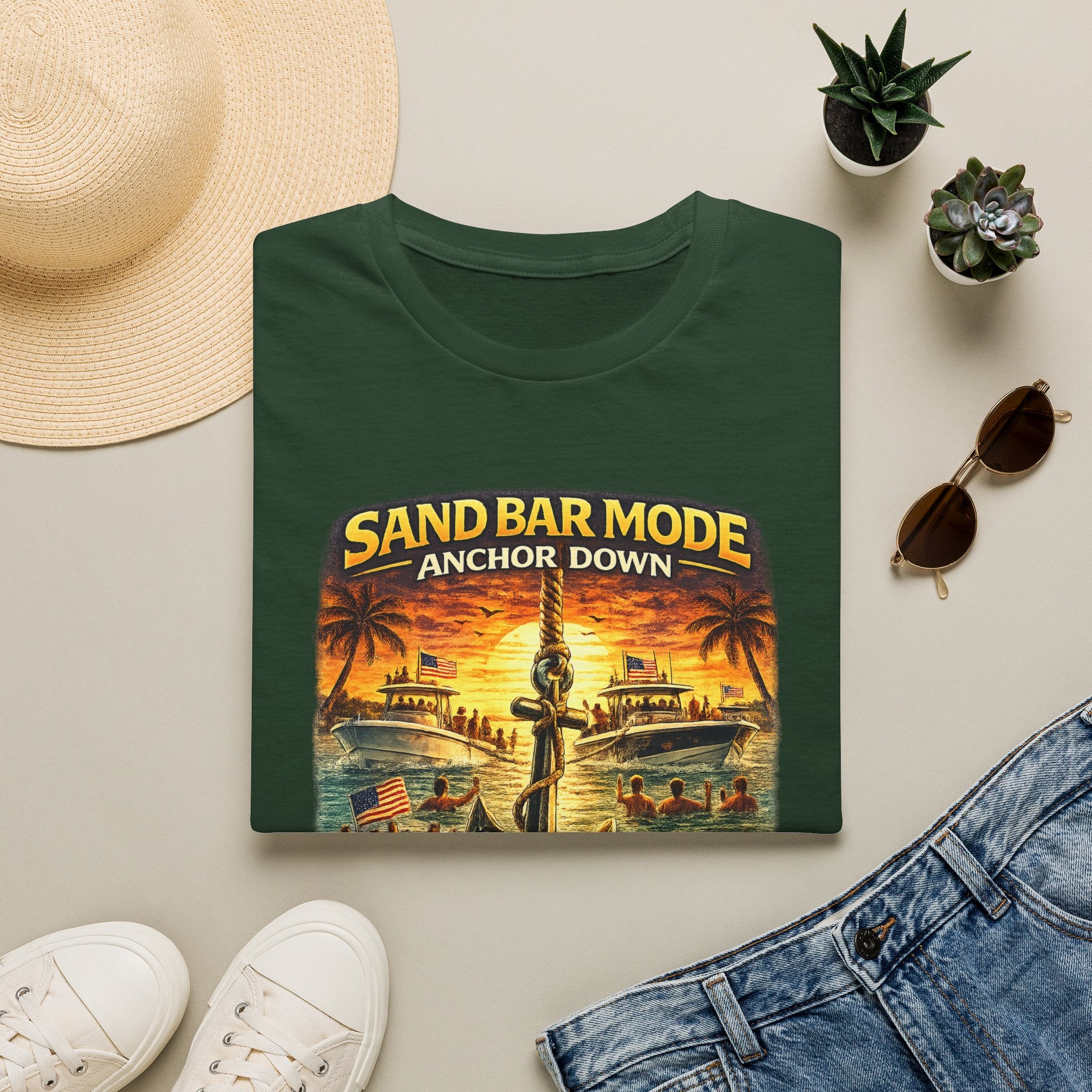 Anchor Down Sandbar Mode Tee | Funny Florida Boating & Sandbar Life Shirt for Men | Gildan 6400 T-Shirt
