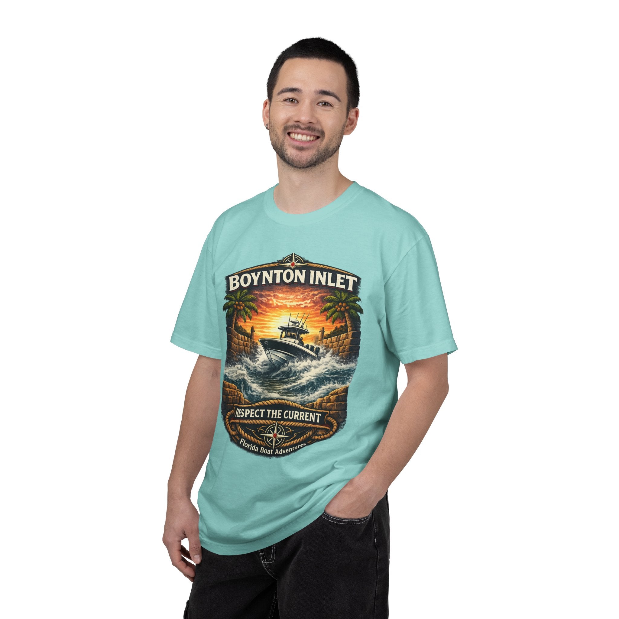 Boynton Inlet Respect the Current Tee | Boynton Beach Florida Boating & Offshore Fishing Shirt for Men | Comfort Colors 1717 Inlet Captain T-Shirt